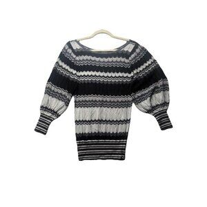 Vtg Bebe Y2K Black White Silver Multi Zig Zag Scoop Neck Light Sweater Size S